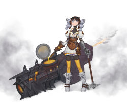 Rule 34 | 1girl, absurdres, armor, belt, bgy, blacksmith (ragnarok online), blue eyes, brown gloves, brown headwear, clawed gauntlets, closed mouth, collarbone, gauntlets, gloves, goggles, goggles on head, grey hair, gun, hammer, highres, holding, holding hammer, holding weapon, long hair, lava, original, pouch, pouring, scar, scar on face, simple background, single gauntlet, smoke, solo, turtleneck, weapon, white background, white footwear, wrench, yellow legwear