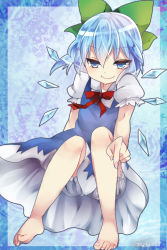 Rule 34 | 1girl, artist name, barefoot, bloomers, blue eyes, blue hair, blush, bow, cirno, detached wings, hair bow, ice, ice wings, matching hair/eyes, ochazuke, short hair, sitting, smile, solo, touhou, underwear, wings