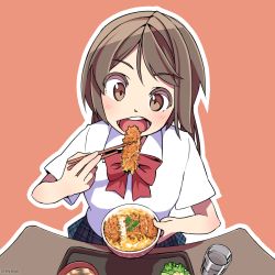 Rule 34 | 1girl, artist name, bad id, bad pixiv id, bow, bowl, bowtie, brown eyes, chopsticks, commentary request, cup, drink, drinking glass, eating, fisheye, food, glass, holding, holding bowl, holding chopsticks, katsudon (food), light brown hair, long hair, open mouth, orange background, original, outline, plaid, plaid skirt, pleated skirt, red bow, red bowtie, school uniform, shapoco, shirt, short sleeves, signature, simple background, skirt, solo, table, twitter username, watermark, white shirt, wing collar