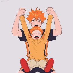 Rule 34 | 1boy, 1girl, age difference, brother and sister, family, grin, haikyuu!!, happy, hinata natsu, hinata shouyou, lifting person, orange hair, shoes, siblings, simple background, sin sa999, smile, sportswear, sweater, volleyball uniform