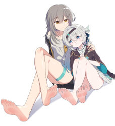 Rule 34 | 2girls, arka91, bare legs, barefoot, black hairband, black jacket, black shorts, blush, breasts, brown eyes, closed mouth, crossed legs, eyebrows hidden by hair, feet, firefly (honkai: star rail), gradient eyes, grey hair, grey panties, hair between eyes, hair ornament, hairband, hand on another&#039;s shoulder, head on another&#039;s shoulder, highres, honkai: star rail, honkai (series), jacket, knees up, legs, long hair, looking at another, multicolored eyes, multiple girls, panties, pantyshot, shirt, shorts, simple background, small breasts, smile, soles, stelle (honkai: star rail), thigh strap, toes, trailblazer (honkai: star rail), underwear, white background, white shirt, yuri