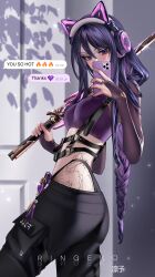 Rule 34 | 1girl, absurdres, alternate costume, animal ears, artist name, black pants, braid, breasts, bridal gauntlets, commentary, crop top, dragon tattoo, emoji, english commentary, fake animal ears, genshin impact, headset, highres, holding, holding phone, holding sword, holding weapon, long hair, low-braided long hair, low-tied long hair, mistsplitter reforged (genshin impact), pants, phone, purple shirt, raiden shogun, ringeko-chan, selfie, shirt, sidelocks, small breasts, sword, tattoo, tomoe (symbol), vision (genshin impact), weapon