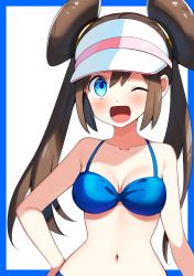 Rule 34 | 1girl, absurdres, alternate costume, bad id, bad pixiv id, bare shoulders, bikini, blue bikini, blue border, blue eyes, blush, border, breasts, brown hair, cleavage, collarbone, creatures (company), double bun, female focus, game freak, hair bun, hair tie, hand on own hip, happy, hat, highres, long hair, looking at viewer, medium breasts, navel, nintendo, one eye closed, open mouth, pink hat, pokemon, pokemon bw2, rosa (pokemon), shiny skin, simple background, smile, solo, standing, swimsuit, twintails, upper body, visor cap, white background, wink, yuihico