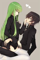Rule 34 | 1boy, 1girl, black hair, black pants, black shirt, breasts, c.c., cleavage, code geass, eye contact, from side, girl on top, green hair, grey background, hand on another&#039;s ass, hand on another&#039;s cheek, hand on another&#039;s face, heart, highres, lelouch vi britannia, long hair, looking at another, lucky keai, medium breasts, pants, parted lips, purple eyes, shirt, sitting, smile, thighhighs, very long hair, white thighhighs, yellow eyes