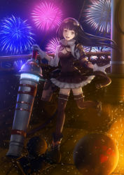 Rule 34 | 1girl, black hair, black thighhighs, brown eyes, cannonball, fireworks, full body, gloves, goggles, goggles on head, granblue fantasy, hand cannon, haruyuki (karem), huge weapon, jessica (granblue fantasy), open mouth, skirt, smile, solo, thighhighs, weapon, white gloves