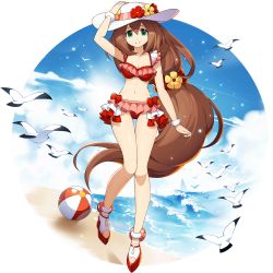 Rule 34 | 1girl, android, ball, beach, beachball, bikini, bird, blue eyes, blue sky, bracelet, breasts, brown hair, capcom, cloud, day, flower, frilled bikini, frills, full body, green eyes, hair between eyes, hair flower, hair ornament, hand on headwear, hat, hat flower, highres, iris (mega man), jewelry, knees together feet apart, long hair, looking at viewer, low-tied long hair, medium breasts, mizuno keisuke, official art, mega man (series), mega man x (series), mega man x dive, seagull, sky, smile, solo, source request, summer, swimsuit, thigh gap, transparent background, very long hair