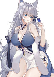 Rule 34 | 1girl, animal ear fluff, animal ears, azur lane, bare shoulders, blue butterfly, blue dress, blue eyes, blue neckwear, blush, breasts, bug, butterfly, butterfly on hand, cleavage, dress, feather boa, fox ears, grey hair, hair between eyes, hair ornament, halter dress, halterneck, hand up, highres, insect, large breasts, long hair, looking at viewer, muki (muki kunxd), parted lips, shinano (azur lane), shinano (dreams of the hazy moon) (azur lane), sideboob, simple background, sleeveless, sleeveless dress, solo, thighs, very long hair