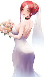 Rule 34 | 1girl, absurdres, action taimanin, ass, astaroth (taimanin), astaroth (taimanin asagi), backless dress, backless outfit, bare shoulders, bouquet, braid, braided bun, breasts, bridal veil, choker, commission, cowboy shot, curvy, dress, ear piercing, flower, from behind, gold, hair bun, highres, large breasts, long hair, looking at viewer, looking back, piercing, pixiv commission, red hair, rororo, sharp teeth, shoulder blades, sideboob, simple background, smile, solo, swept bangs, taimanin (series), tattoo, teeth, thick thighs, thighs, veil, wedding dress, white background, yellow eyes