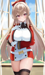 Rule 34 | 1girl, absurdres, azur lane, belt, black thighhighs, blush, bow, breasts, dress, elegant (sumisumi4268), gloves, hair bow, hair ornament, highres, large breasts, long hair, long sleeves, looking at viewer, red dress, red eyes, red ribbon, ribbon, royal navy emblem (azur lane), short dress, solo, swiftsure (azur lane), thighhighs, two-tone dress, white belt, white dress, white gloves, window
