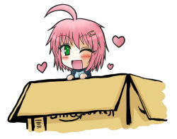 Rule 34 | 1girl, ;d, ahoge, amazon (company), blush, box, cardboard box, chibi, green eyes, hair ornament, hairclip, heart, in box, in container, looking at viewer, one eye closed, open mouth, original, pink hair, short hair, simple background, smile, solo, white background, wink, yani tama