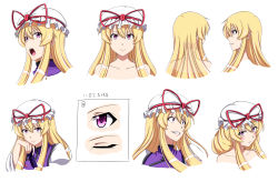 Rule 34 | 1girl, absurdres, bare shoulders, blonde hair, blush, character sheet, chart, collarbone, crazy eyes, crazy grin, crazy smile, d:, dress, expressionless, expressions, facial expressions, grin, hat, head rest, highres, kyoukyan, lipstick, long hair, looking at viewer, makeup, mob cap, no headwear, open mouth, portrait, purple eyes, shy, smile, tabard, touhou, tsurime, yakumo yukari