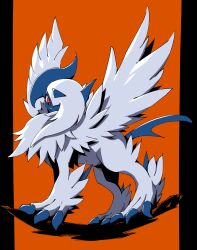 absol absurdres animal_focus claws creatures_(company) feathered_wings game_freak gen_3_pokemon hair_over_one_eye highres horns looking_down mega_absol mega_pokemon nintendo no_humans pokemon pokemon_(creature) red_eyes solo venom_eno white_hair wings