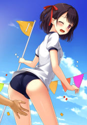 Rule 34 | 1boy, 1girl, arched back, ass, black hair, blue sky, blush, breasts, buruma, cloud, cloudy sky, confetti, day, flag, from behind, gym uniform, hair ribbon, hand on another&#039;s thigh, hand on thigh, highres, holding, holding flag, lace, lace-trimmed panties, lace trim, looking at viewer, looking back, one eye closed, one side up, open mouth, original, out of frame, outdoors, panties, panties under buruma, pennant, pink panties, purple eyes, red ribbon, ribbon, shirt, short hair, short sleeves, sky, small breasts, solo focus, standing, string of flags, tears, thighs, underwear, uzuki hiro, wavy mouth, white shirt