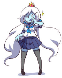Rule 34 | 1girl, adventure time, alternate costume, blue skin, colored skin, crown, fangs, full body, ice queen (adventure time), long eyebrows, long hair, looking at viewer, miniskirt, nollety, pigeon-toed, pleated skirt, school uniform, serafuku, simple background, skirt, solo, sparkle, standing, thighhighs, twintails, very long hair, white background, white hair, zettai ryouiki