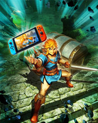 Rule 34 | 1boy, 1girl, blonde hair, blue eyes, emphasis lines, genzoman, link, looking at viewer, male focus, nintendo, nintendo switch, pointy ears, princess zelda, shield, shield on back, smile, sword, the legend of zelda, the legend of zelda: breath of the wild, treasure chest, weapon
