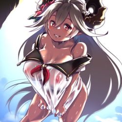 Rule 34 | 1girl, bare shoulders, breasts, clothes pull, collar, cowboy shot, draph, flower, granblue fantasy, hair between eyes, hair flower, hair ornament, horns, large breasts, leaning forward, long hair, looking at viewer, multicolored hair, muneshiro (hitsuji kikaku), nipples, off shoulder, parted lips, pulled by self, red eyes, sailor collar, see-through silhouette, short sleeves, silver hair, smile, solo, streaked hair, threo (eternal&#039;s summer vacation) (granblue fantasy), threo (granblue fantasy), very long hair, wet, wet clothes