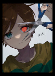 Rule 34 | 1boy, brown hair, claus (mother 3), closed mouth, haru-cho, heterochromia, highres, holding, holding scissors, long sleeves, looking at viewer, male focus, masked man (mother 3), mother (game), mother 3, nintendo, pants, red eyes, scissors, shirt, short hair, solo, spoilers, striped clothes, t-shirt, translation request, upper body