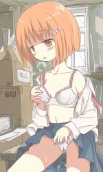 Rule 34 | 1girl, absurdres, blush, bob cut, box, bra, breasts, breasts apart, breath, brown eyes, cardboard box, collarbone, desk, dress shirt, female masturbation, frilled panties, frills, grabbing own breast, hair ornament, hairclip, highres, indoors, lace, lace-trimmed bra, lace trim, masturbation, matching hair/eyes, navel, on desk, open clothes, open mouth, open shirt, orange eyes, orange hair, panties, pleated skirt, pussy juice, pussy juice puddle, pussy juice trail, qt project, school desk, school uniform, shirt, short hair, sitting, on desk, skirt, small breasts, solo, storeroom, sweat, translation request, underwear, white bra, white panties, white shirt, window