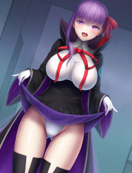 Rule 34 | 1girl, bb (fate), bb (fate/extra), black coat, black skirt, breasts, clothes lift, coat, fate/extra, fate/extra ccc, fate (series), gloves, hair ribbon, high-waist skirt, highleg, highleg leotard, highres, large breasts, leotard, long hair, long sleeves, masatoki, neck ribbon, open clothes, open coat, open mouth, popped collar, purple eyes, purple hair, red ribbon, ribbon, skirt, skirt lift, smile, thighs, very long hair, white gloves, white leotard, wide sleeves