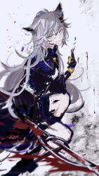 Rule 34 | 1girl, animal ears, arknights, black coat, black gloves, black shorts, blood, blood on face, bloody weapon, coat, gloves, grey eyes, grey hair, grin, hair between eyes, hair ornament, hairclip, highres, holding, holding sword, holding weapon, lappland (arknights), long hair, looking at viewer, messy hair, parted lips, scar, scar across eye, shorts, simple background, smile, solo, squatting, sword, weapon, white background, yeyarongbing