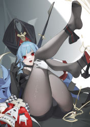 Rule 34 | 1girl, absurdres, ankle bow, ankle ribbon, ass, asymmetrical gloves, azur lane, black footwear, black gloves, black hat, blue hair, bodystocking, bow, breasts, center opening, crosier, full body, gloves, hat, high heels, highres, leg ribbon, long hair, looking at viewer, lying, marco polo (azur lane), medium breasts, mismatched gloves, nanonuo, on back, open mouth, red eyes, ribbon, scepter, solo, v, very long hair, white gloves