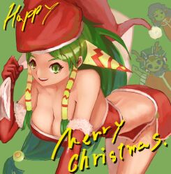 Rule 34 | 1boy, 2girls, absurdres, akumesik, breasts, christmas, cleavage, closed mouth, fake antlers, feena (grandia), gloves, grandia, grandia i, green eyes, green hair, hair ornament, hair tubes, hat, highres, holding, holding sack, jewelry, justin (grandia), large breasts, long hair, looking at viewer, low-tied long hair, merry christmas, midriff, multiple girls, open mouth, red gloves, red headwear, sack, santa hat, simple background, skirt, smile, sue (grandia)