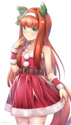Rule 34 | 1girl, animal ears, aqua eyes, arm warmers, artist name, blunt bangs, blush, christmas, closed mouth, commentary request, cowboy shot, dated, dress, ear covers, finger to mouth, fur-trimmed dress, fur trim, hairband, highres, horse ears, horse girl, horse tail, long hair, looking at viewer, orange hair, partial commentary, red dress, santa dress, signature, silence suzuka (umamusume), simple background, skirt hold, smile, solo, spaghetti strap, standing, tail, takaokasho, thighhighs, umamusume, white background, white hairband, white thighhighs