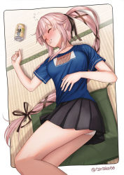 Rule 34 | 1girl, alternate costume, beer can, black ribbon, black skirt, blue shirt, blush, can, cowboy shot, cushion, drink can, drunk, hair flaps, hair ribbon, kantai collection, long hair, lying, meta, on side, panties, pantyshot, parted lips, pink hair, ponytail, ribbon, shirt, skirt, sleeping, solo, squeans, tantaka, tatami, twitter username, underwear, very long hair, yura (kancolle), zabuton