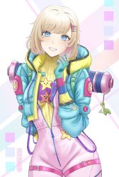 Rule 34 | 1girl, :d, absurdres, animification, apex legends, aqua jacket, arm behind back, artist name, blonde hair, blue eyes, bodysuit, breasts, charm (object), cowboy shot, cropped jacket, drawstring, eyelashes, facial mark, facial scar, gloves, green gloves, grin, hair ornament, hairclip, hand up, head tilt, heart, heart hair ornament, highres, jacket, kawaii voltage wattson, lichtenberg figure, long sleeves, looking at viewer, medium breasts, open clothes, open jacket, open mouth, scar, scar on cheek, scar on face, short hair, skin tight, smile, solo, standing, star (symbol), star print, suoniko, teeth, thigh strap, turtleneck, wattson (apex legends), zipper