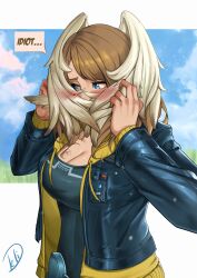 Rule 34 | 1girl, absurdres, artist name, belt, black bodysuit, black jacket, blue eyes, blue sky, blush, bodysuit, breast tattoo, breasts, brown hair, cloud, commentary, delicious brain, english commentary, eunie (xenoblade), feathered wings, head wings, highres, jacket, long hair, long sleeves, medium breasts, open clothes, open jacket, sky, solo, tattoo, white wings, wings, xenoblade chronicles (series), xenoblade chronicles 3