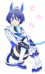 Rule 34 | 1girl, akira howard, astral chain, blush, boots, chain, gloves, hair ornament, hanamori00, highres, jacket, long sleeves, looking at viewer, police, police uniform, short hair, shorts, simple background, smile, solo, uniform, white background