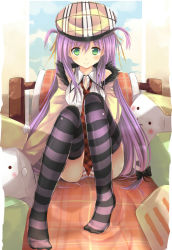 Rule 34 | 1girl, bed, blush, dreamlight2000, green eyes, hair ribbon, hat, jacket, long hair, necktie, no pants, original, panties, pantyshot, purple hair, ribbon, short twintails, sitting, smile, solo, striped clothes, striped panties, striped thighhighs, thighhighs, twintails, two side up, underwear