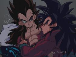 Rule 34 | 2boys, abs, armband, bara, black hair, black pants, blue eyes, blush, body fur, brown eyes, closed mouth, couple, dragon ball, dragon ball gt, grey background, hairy, highres, large pectorals, long hair, looking at another, lying, male focus, mature male, multiple boys, muscular, muscular male, nipples, on back, onore, pants, pectorals, pillow, raised eyebrows, red fur, sash, smelling, son goku, speech bubble, spiked hair, super saiyan, super saiyan 4, sweatdrop, thick eyebrows, topless male, translated, upper body, vegeta, widow&#039;s peak, yaoi