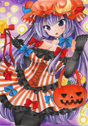 Rule 34 | 1girl, alternate costume, bare shoulders, basket, black pantyhose, blue bow, blue ribbon, blush, bow, breasts, candy, choker, cleavage, collarbone, commentary request, crescent, crescent pin, food, hair bow, halloween, hat, hat ribbon, jack-o&#039;-lantern, large breasts, light particles, lollipop, long hair, looking at viewer, maccha xxxxxx, marker (medium), open mouth, pantyhose, patchouli knowledge, pumpkin, purple eyes, purple hair, red bow, red ribbon, ribbon, solo, sparkle, star (symbol), touhou, traditional media, very long hair, wand