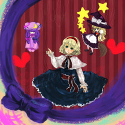 Rule 34 | 1girl, alice margatroid, apron, blonde hair, bow, broom, capelet, character doll, chiri (o9o9), doll, dress, closed eyes, female focus, flower, green eyes, hair bow, hair ribbon, hairband, hanging, hat, heart, kirisame marisa, long hair, long sleeves, looking up, patchouli knowledge, purple hair, ribbon, rose, short hair, smile, solo, star (symbol), string, touhou, witch, witch hat