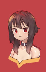 Rule 34 | 1girl, :i, absurdres, bad id, bad twitter id, bare shoulders, brown hair, collar, dated, highres, kono subarashii sekai ni shukufuku wo!, long hair, looking at viewer, megumin, off shoulder, red background, red eyes, short hair with long locks, simple background, solo, stardown95, upper body