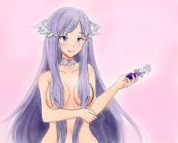 Rule 34 | 1girl, breasts, hair ornament, long hair, nude, purple eyes, purple hair, quinella, smile, solo, sword art online