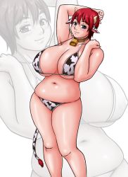 Rule 34 | 1girl, animal ears, animal print, bell, bikini, blue eyes, breasts, collar, cow ears, cow girl, cow horns, cow print, cow tail, female focus, highres, horns, huge breasts, muffin top, navel, original, plump, red hair, short hair, solo, standing, sugata (artist), swimsuit, tail