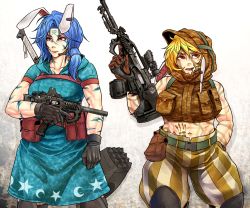 Rule 34 | 2girls, abs, adapted costume, animal ears, aqua dress, arm at side, assault rifle, bare arms, bare shoulders, belt, belt pouch, black gloves, blonde hair, blue hair, bodypaint, brown gloves, camouflage, clenched hand, closed mouth, commentary request, cowboy shot, dress, earclip, expressionless, facepaint, floppy ears, gloves, gun, hair between eyes, hammer, handprint, hand up, highres, holding, holding gun, holding weapon, hood, hood down, hood up, hooded dress, hooded vest, hoodie, knee pads, long hair, looking afar, looking up, low ponytail, medium dress, midriff, mouth hold, multiple girls, navel, pants, pouch, rabbit ears, red eyes, rifle, ringo (touhou), ryuuichi (f dragon), seiran (touhou), short hair, short sleeves, shoulder-to-shoulder, side ponytail, skewer, smile, standing, stomach, submachine gun, toned, touhou, vest, weapon, weapon on back, weapon request