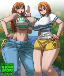 Rule 34 | 2girls, asymmetrical hair, before and after, bikini, blue shirt, blush, breasts, brown eyes, cleavage, curvy, dual persona, earrings, fellatio gesture, green bikini, grin, highres, huge breasts, jewelry, large breasts, long hair, looking at viewer, money, money gesture, multiple girls, nami (one piece), one piece, open mouth, orange hair, outdoors, parted bangs, shirt, short hair, short sleeves, shosho oekaki, smile, string bikini, striped clothes, striped shirt, swimsuit, timeskip, tongue, tongue out, two-tone shirt, upper body, white shirt, wide hips