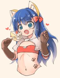 Rule 34 | 1girl, animal ear fluff, animal ears, bikini, blue eyes, blue hair, blush, bow, brown gloves, cake, cake slice, capelet, cat brooch, cat ears, commentary request, cropped torso, eating, elbow gloves, emurin, flat chest, food, fork, fruit, gloves, grey background, hair bow, heart, highres, holding, holding fork, long hair, looking at food, mage (ragnarok online), majiko (emurin), midriff, multiple hair bows, navel, open mouth, paw print tattoo, ragnarok online, red bikini, red bow, simple background, smile, solo, strawberry, strawberry shortcake, swimsuit, upper body, white capelet