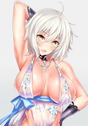 Rule 34 | 1girl, ahoge, arm behind head, arm up, armpits, artoria pendragon (fate), artoria pendragon (lancer alter) (fate), artoria pendragon (lancer alter) (fate) (cosplay), artoria pendragon (lancer alter) (royal icing) (fate), artoria pendragon (lancer alter) (royal icing) (fate) (cosplay), babydoll, bare shoulders, black gloves, blush, breasts, choker, cleavage, collarbone, cosplay, fate/grand order, fate (series), gloves, hair between eyes, highres, jeanne d&#039;arc (fate), jeanne d&#039;arc alter (avenger) (fate), jeanne d&#039;arc alter (fate), jewelry, large breasts, lingerie, looking at viewer, necklace, official alternate costume, open mouth, sankakusui, sash, see-through, shiny skin, short hair, silver hair, simple background, smile, solo, underwear, upper body, white background, yellow eyes