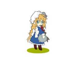 Rule 34 | 1girl, apron, back bow, blonde hair, blue dress, blue sleeves, boots, bow, bowtie, braid, brown footwear, closed mouth, collar, collared dress, dress, dual-personality maid amy, frilled dress, frills, from behind, frown, full body, green eyes, guardian tales, hat, highres, holding, holding plate, knee boots, light blush, long hair, long sleeves, looking at viewer, looking back, maid, medium dress, mob cap, plate, puffy long sleeves, puffy sleeves, red bow, red bowtie, simple background, solo, tiankong yiji, twin braids, very long hair, white apron, white background, white bow, white collar, white hat