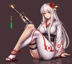 Rule 34 | 1girl, arm support, asymmetrical legwear, breasts, closed mouth, commission, fishnet thighhighs, fishnets, hair ornament, holding, holding sword, holding weapon, japanese clothes, kimono, large breasts, long hair, looking at viewer, mad kimo, mismatched legwear, original, red eyes, sandals, sheath, sheathed, single thighhigh, sitting, solo, sword, thick thighs, thighhighs, thighs, weapon, white hair, white kimono, zouri