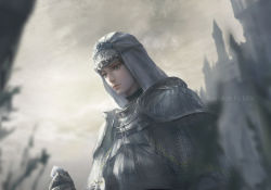 Rule 34 | 1girl, armor, artist name, blurry, blurry background, blurry foreground, breastplate, brown eyes, brown hair, castle, closed mouth, cloud, cloudy sky, commentary, dark souls (series), dark souls iii, dress, from below, hood, jlien-, looking down, outdoors, shoulder armor, sirris of the sunless realms, sky, solo, tree, upper body, veil, white dress, white veil