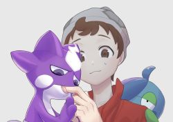 Rule 34 | 1boy, beanie, blouse, brown eyes, brown hair, cable knit, closed mouth, commentary request, creatures (company), drizzile, game freak, gen 8 pokemon, grey headwear, hagi 753, hat, highres, male focus, nibbling, nintendo, pokemon, pokemon (creature), pokemon on back, pokemon swsh, red shirt, shirt, short hair, smile, sweatdrop, toxel, victor (pokemon)