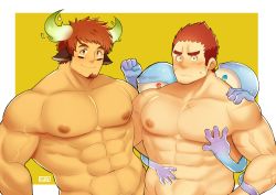 Rule 34 | 2boys, absurdres, animal ears, bara, beard, blush, brown hair, couple, facial hair, fiery horns, forked eyebrows, fujimachine (clayten), glowing horns, highres, horns, large pectorals, looking at viewer, male focus, multiple boys, muscular, native american, nipples, pectorals, simple background, smile, tamamura gunzo, thick eyebrows, tokyo houkago summoners, toned, toned male, topless male, upper body, wakan tanka, yaoi