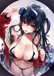 Rule 34 | 1girl, ahoge, arm up, azur lane, bare shoulders, bikini, black bikini, black choker, black hair, breasts, choker, cleavage, collarbone, commentary request, cowboy shot, crowd, eyewear on head, grey background, hair between eyes, highres, jacket, large breasts, long hair, mirei, navel, off shoulder, official alternate costume, one side up, red eyes, red jacket, sparkle, standing, stomach, sunglasses, swimsuit, taihou (azur lane), taihou (enraptured companion) (azur lane), thigh strap, thighs, tongue, tongue out