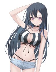 Rule 34 | 1girl, bikini, black choker, black hair, blue shorts, breasts, choker, cleavage, closed mouth, collarbone, commentary request, dreamoon, highres, ichinose uruha, long hair, looking at viewer, medium breasts, purple eyes, short shorts, shorts, simple background, smile, striped bikini, striped clothes, swimsuit, vertical-striped bikini, vertical-striped clothes, virtual youtuber, vspo!, white background
