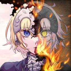 Rule 34 | 1girl, akuterasu, blonde hair, blue eyes, fate/grand order, fate (series), fire, gauntlets, headpiece, jeanne d&#039;arc (fate), jeanne d&#039;arc (ruler) (fate), jeanne d&#039;arc alter (avenger) (fate), jeanne d&#039;arc alter (fate), looking at viewer, own hands clasped, own hands together, parted lips, portrait, simple background, solo, split theme, symmetry, white hair, yellow eyes